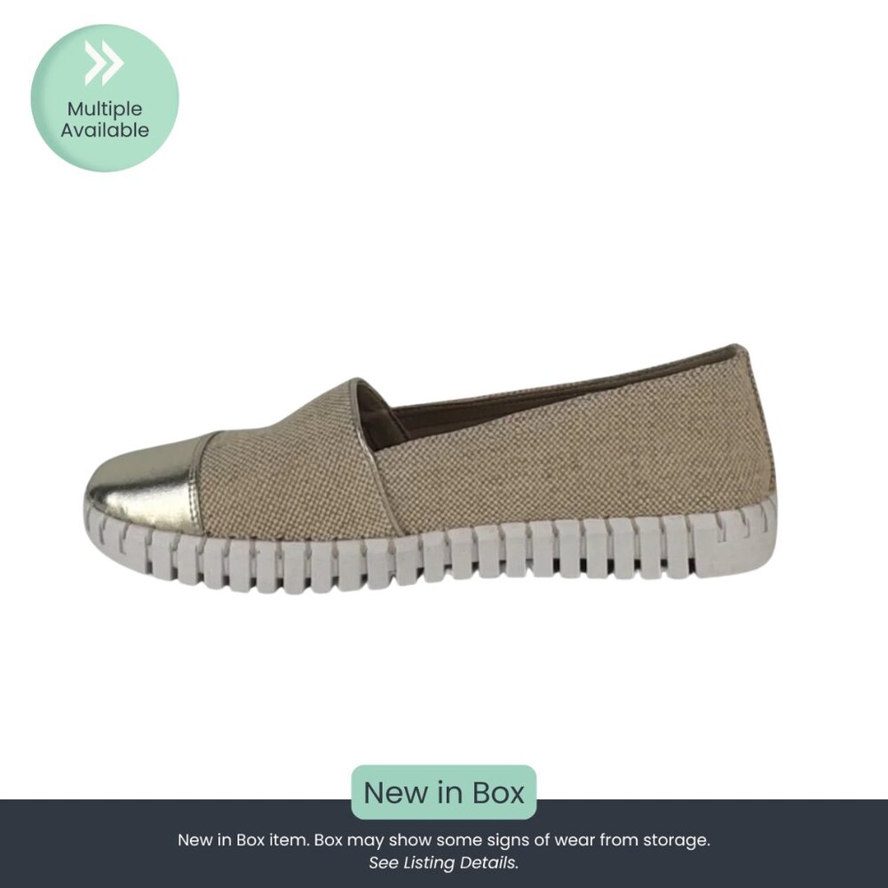 Steven By Steve Madden Beige Canvas Slip-On Loafers with Metallic Gold Cap Toe - Picture 1 of 7